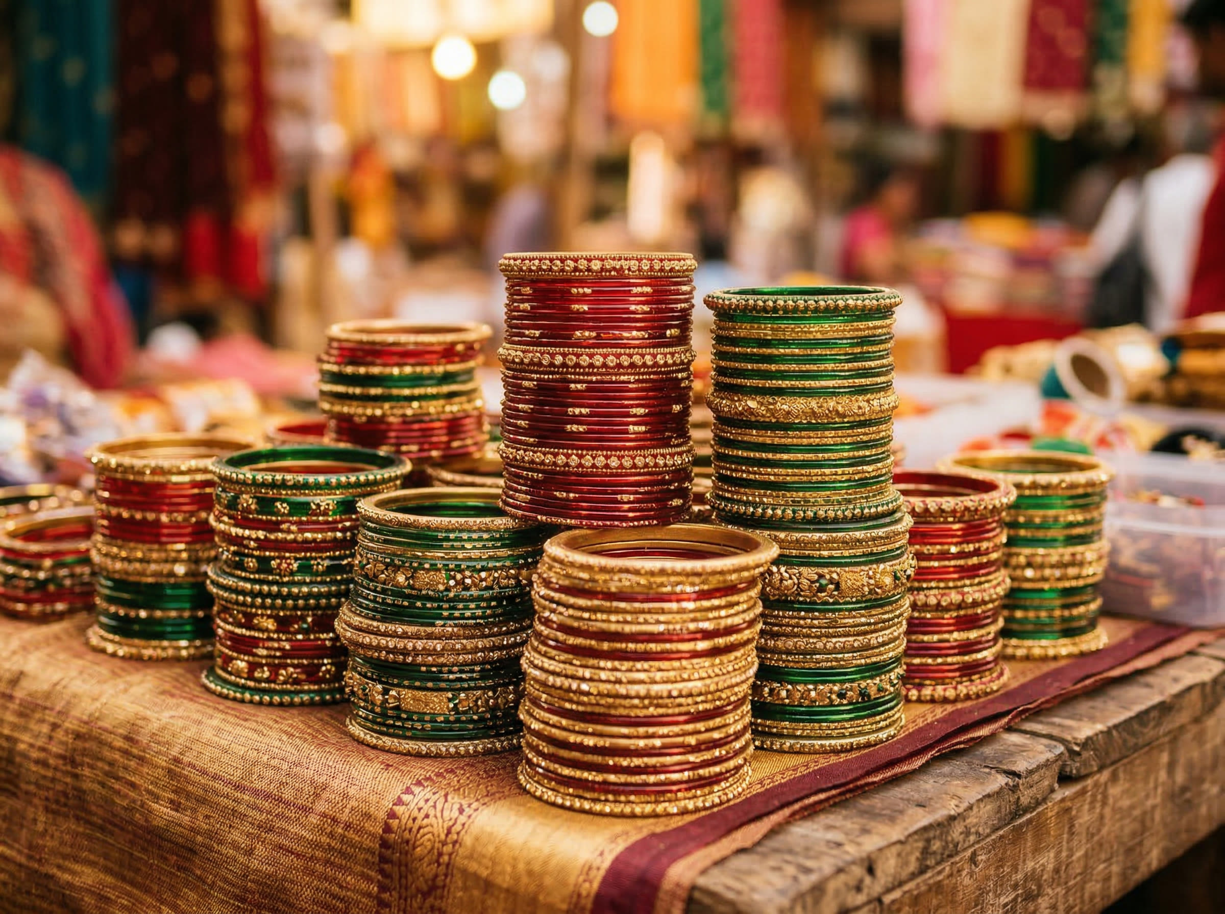 Colorful Indian glass bangles in red, green, and gold stacked on display