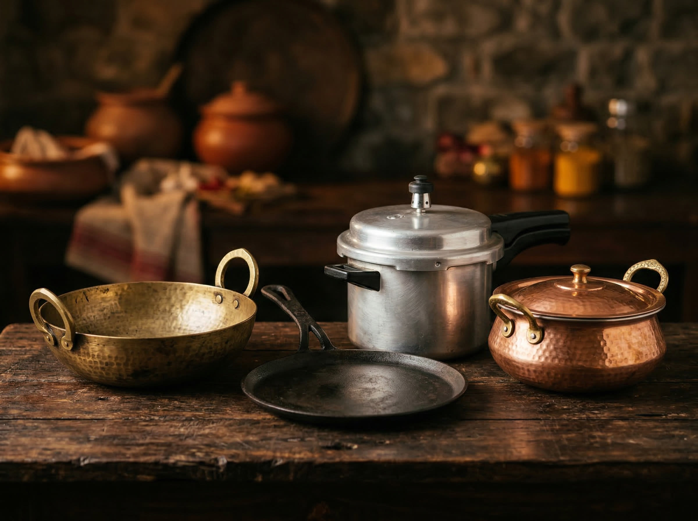 Traditional Indian cookware including brass kadhai, pressure cooker, iron tawa, and copper handi