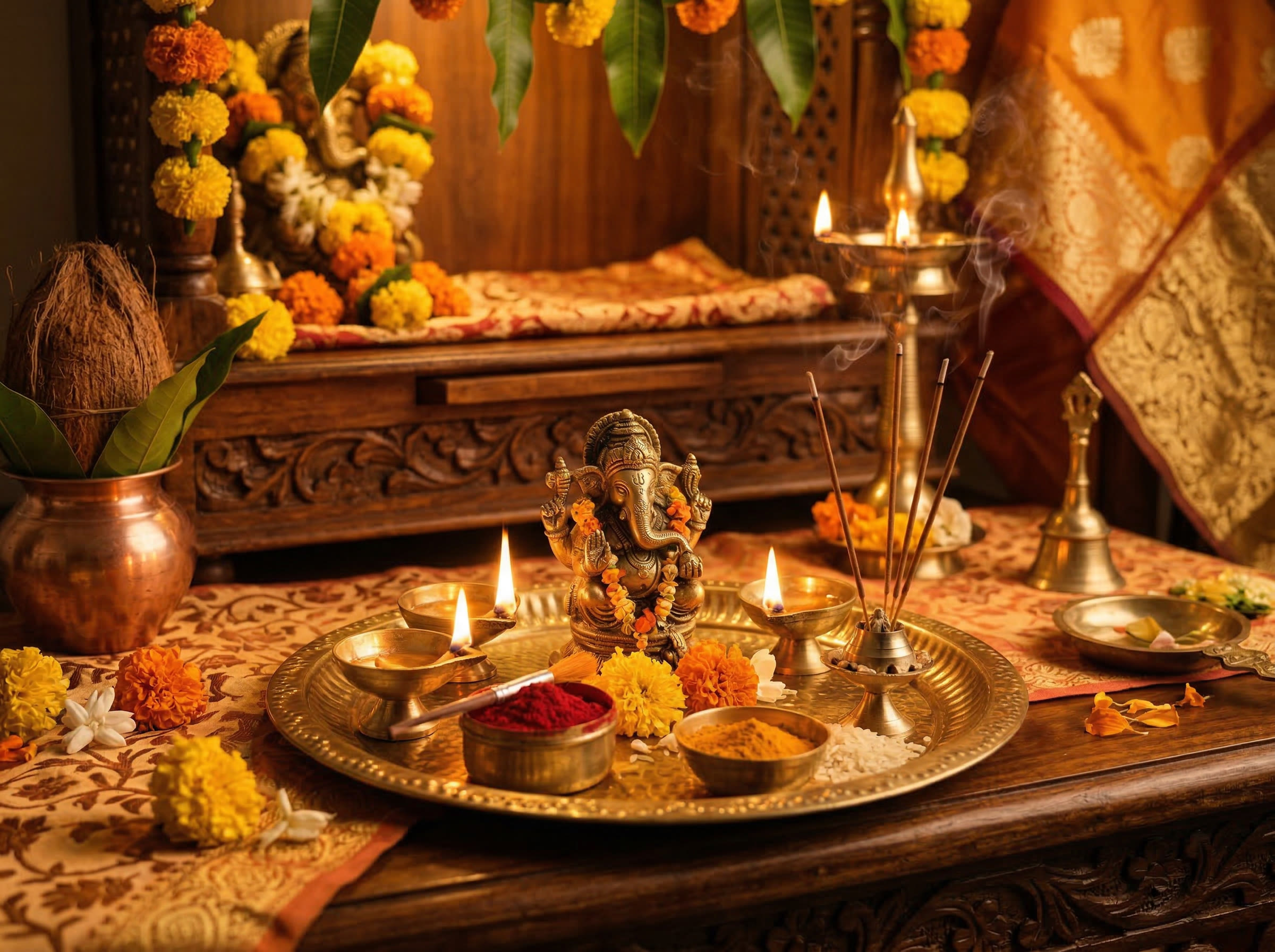 Indian puja and festive items with brass diyas, Ganesh murti, incense, and kumkum