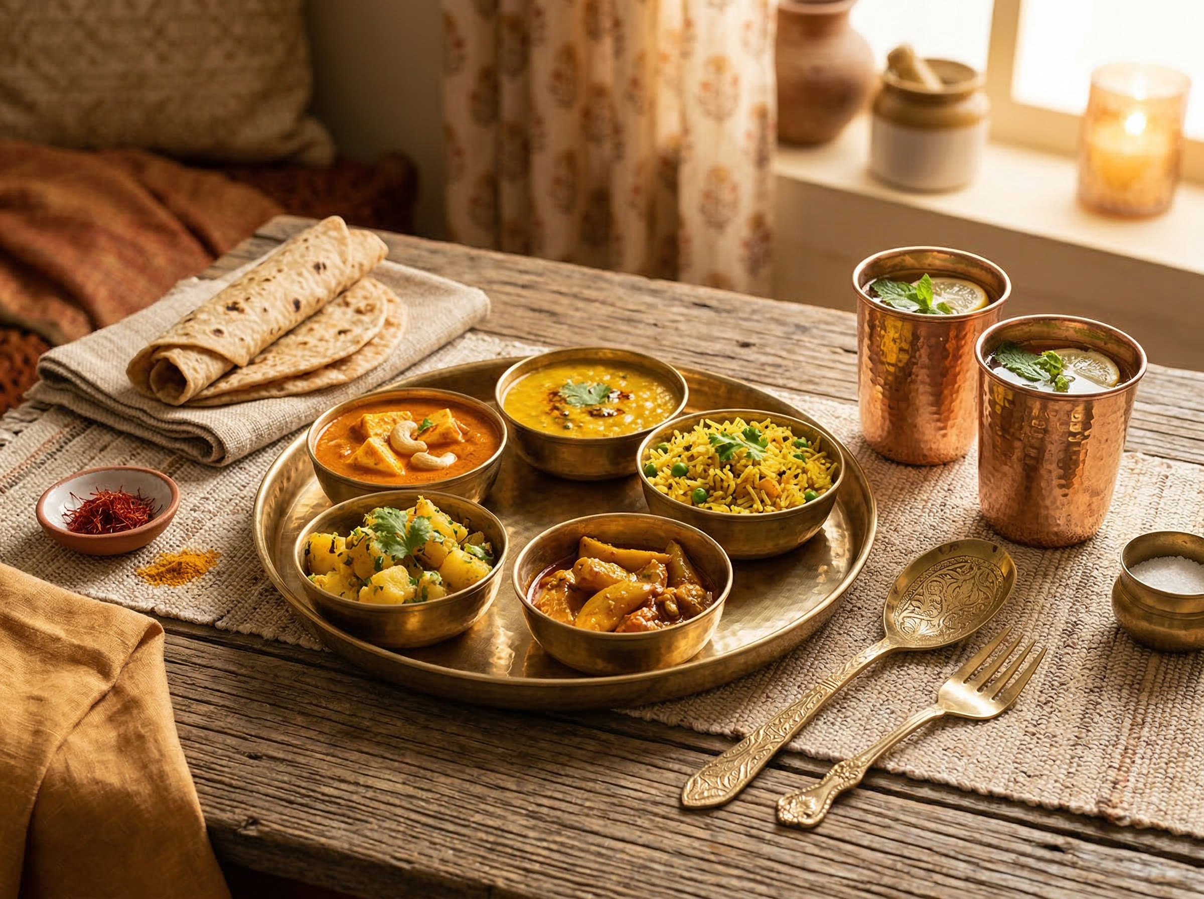Indian serveware with brass thali plate, katori bowls, copper glasses, and serving spoons