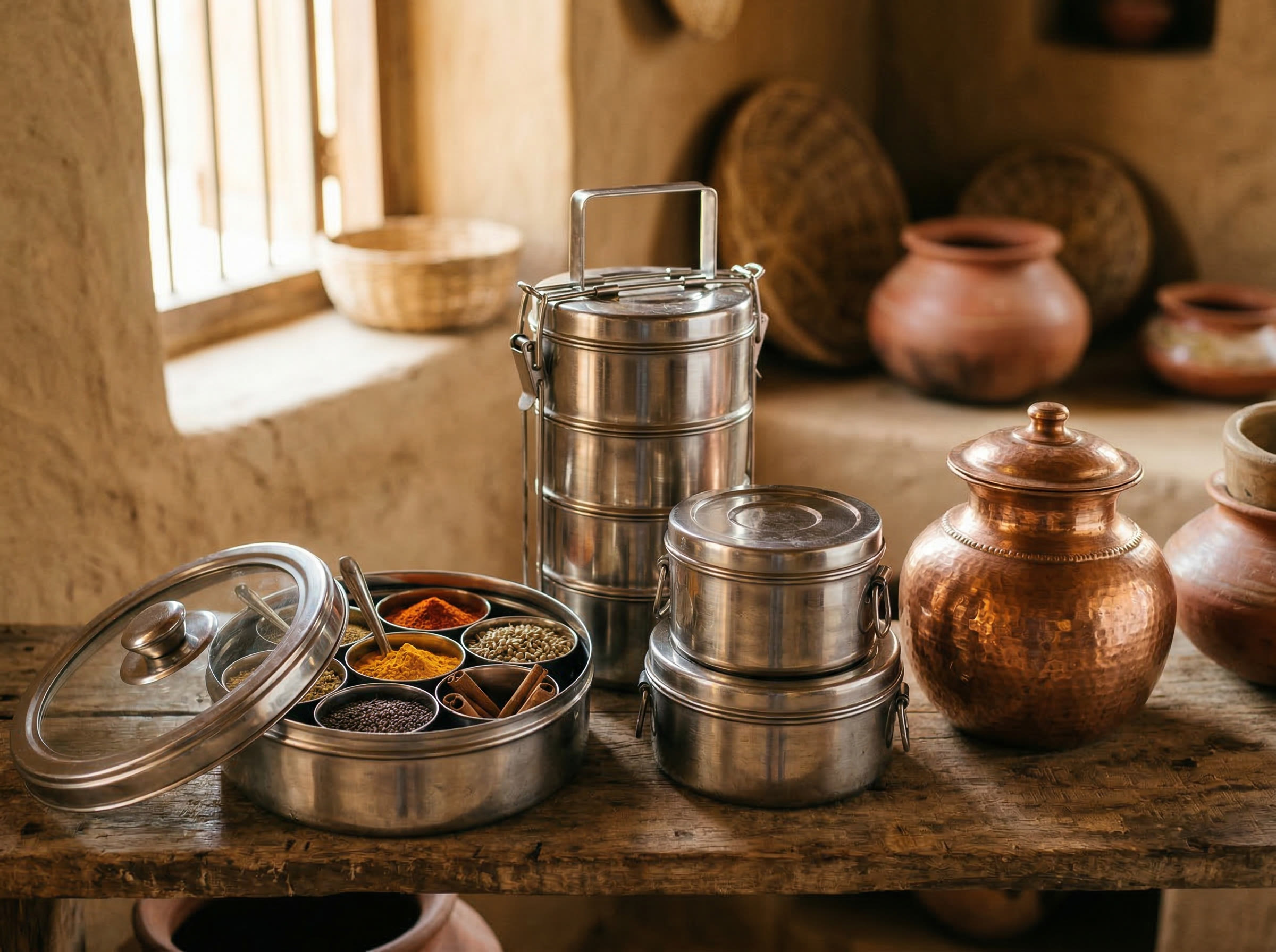 Indian home storage items including masala dabba spice box, tiffin carrier, copper lota, and steel containers