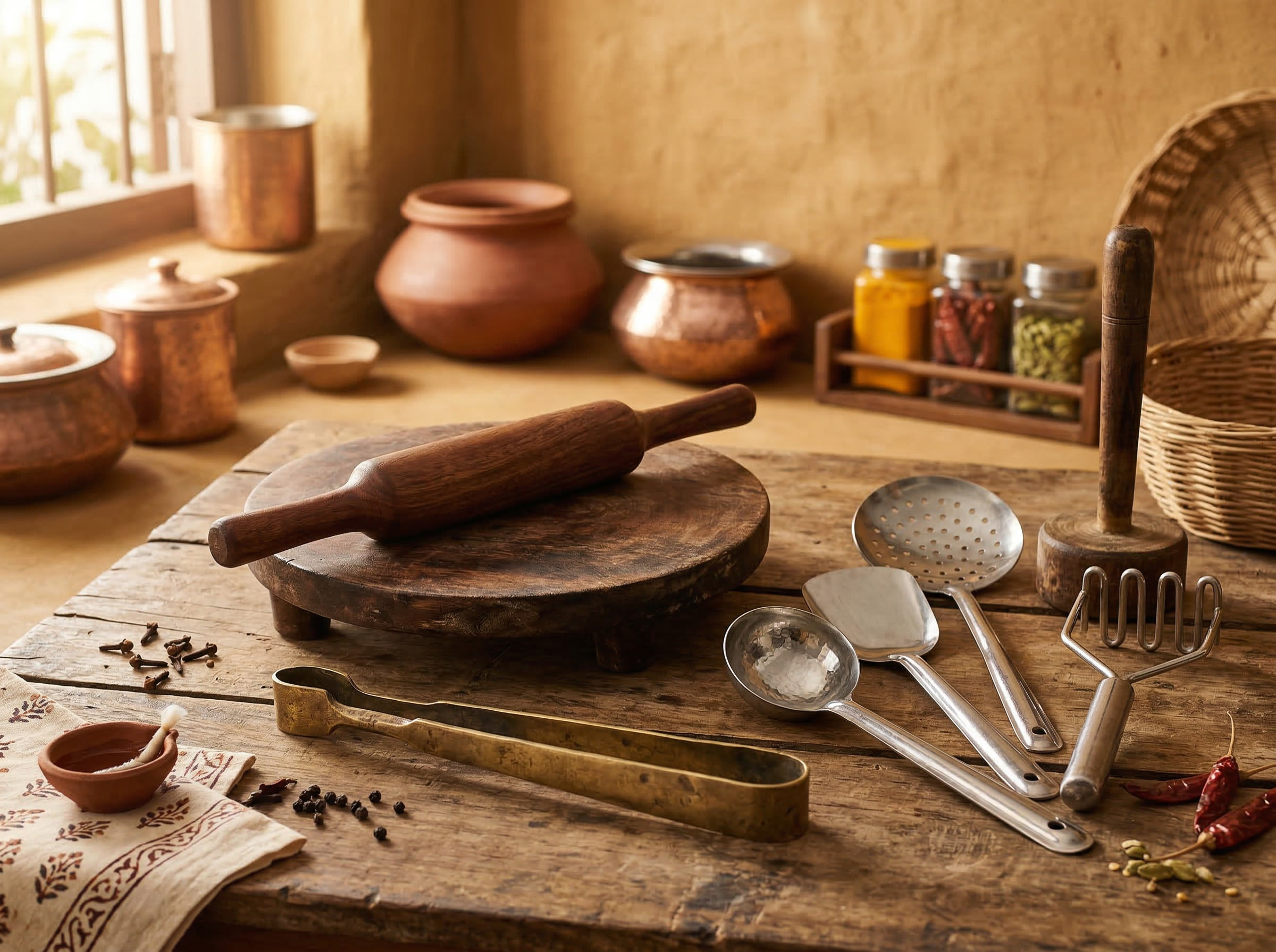 Traditional Indian kitchen utensils including belan, chakla, chimta, and steel ladles