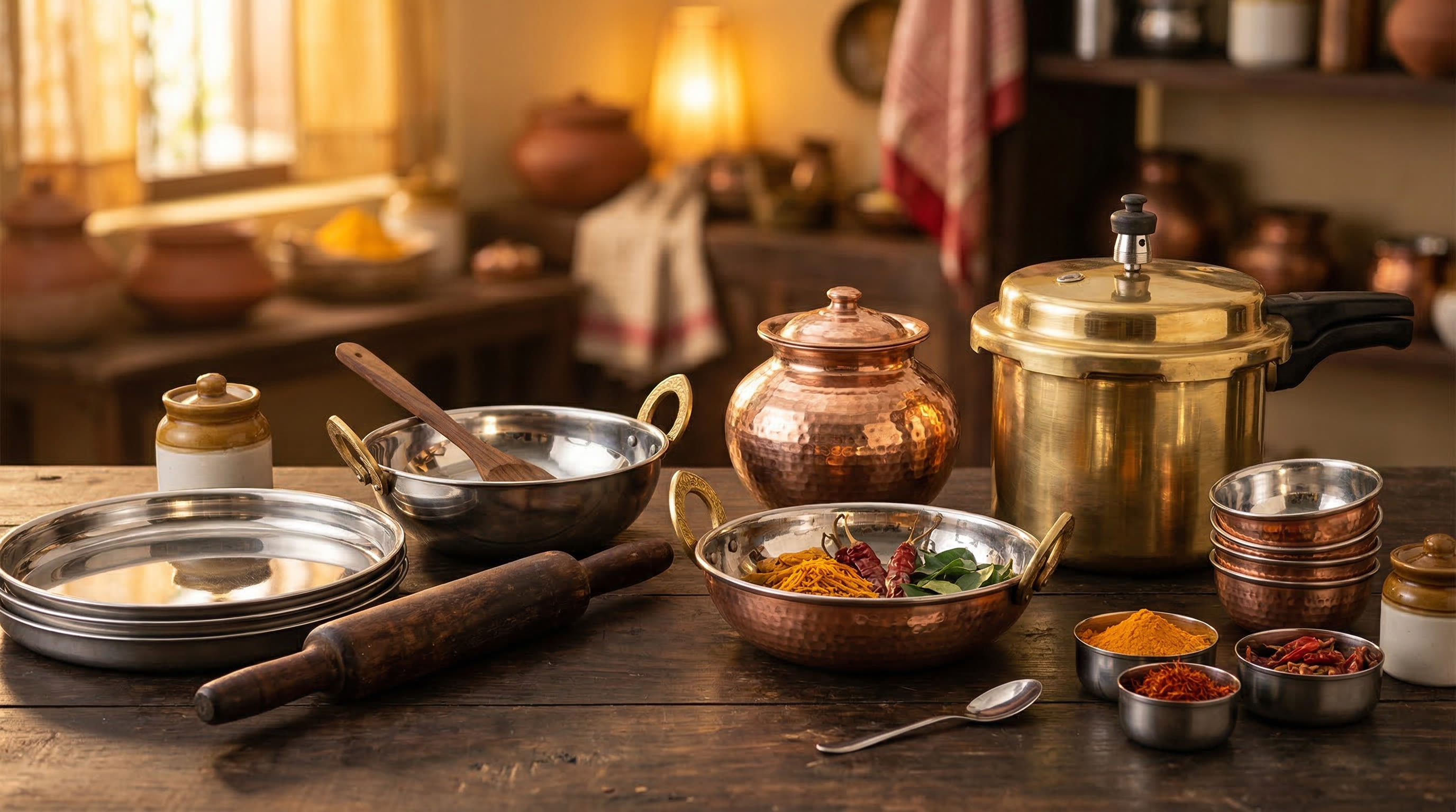 Traditional Indian kitchen goods including brass cookware, copper vessels, steel thali plates, and spices arranged on a wooden surface